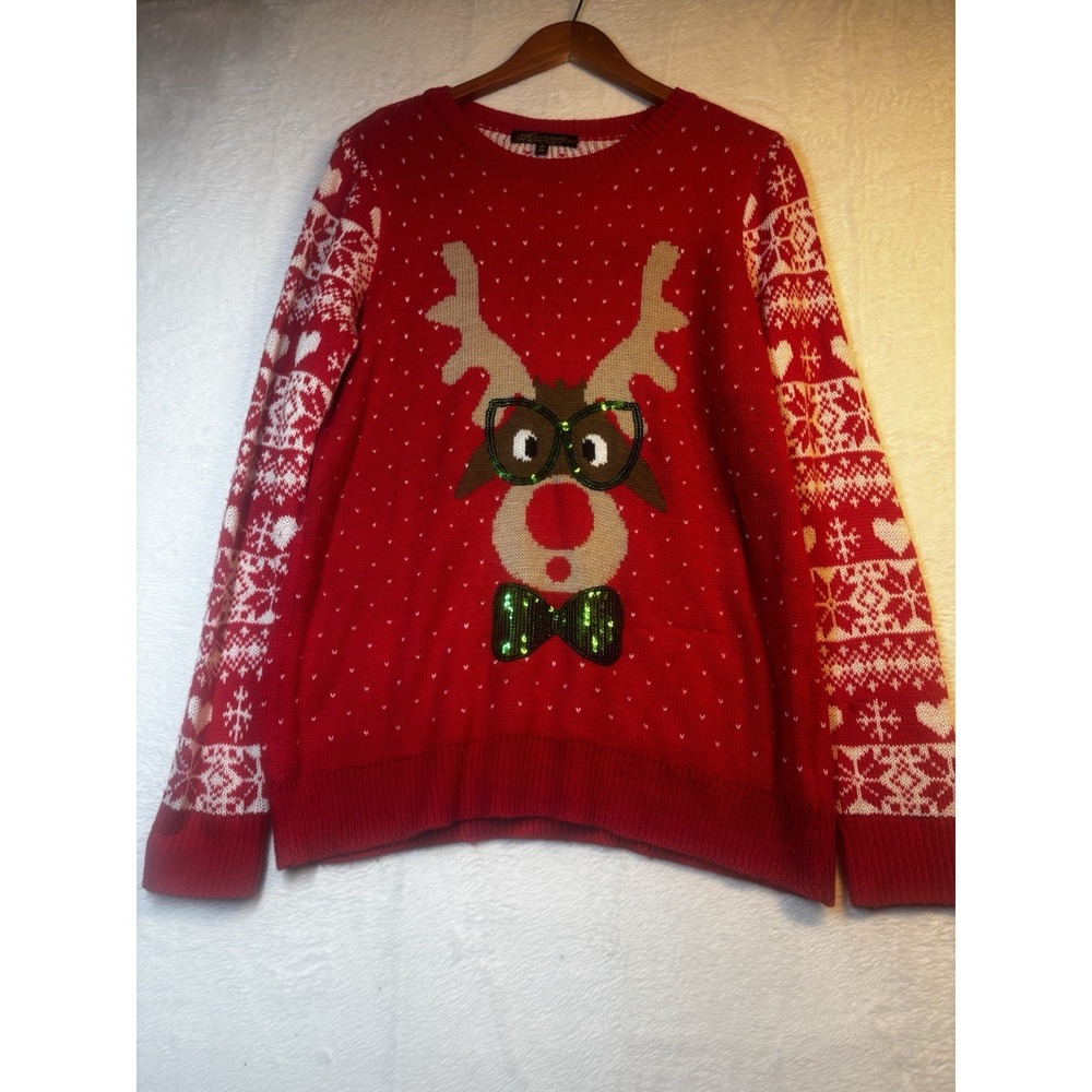 Ugly Christmas Sweater Large Rudolph Reindeer Long Sleeve Bells Sequins Red Grn